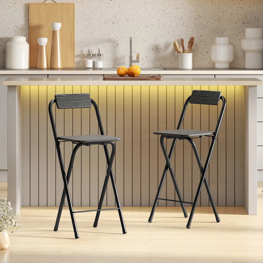 Set 2 Sgabelli da Bar Pieghevoli con Poggiapiedi 37x45x87 cm Legno e Acciaio Nero