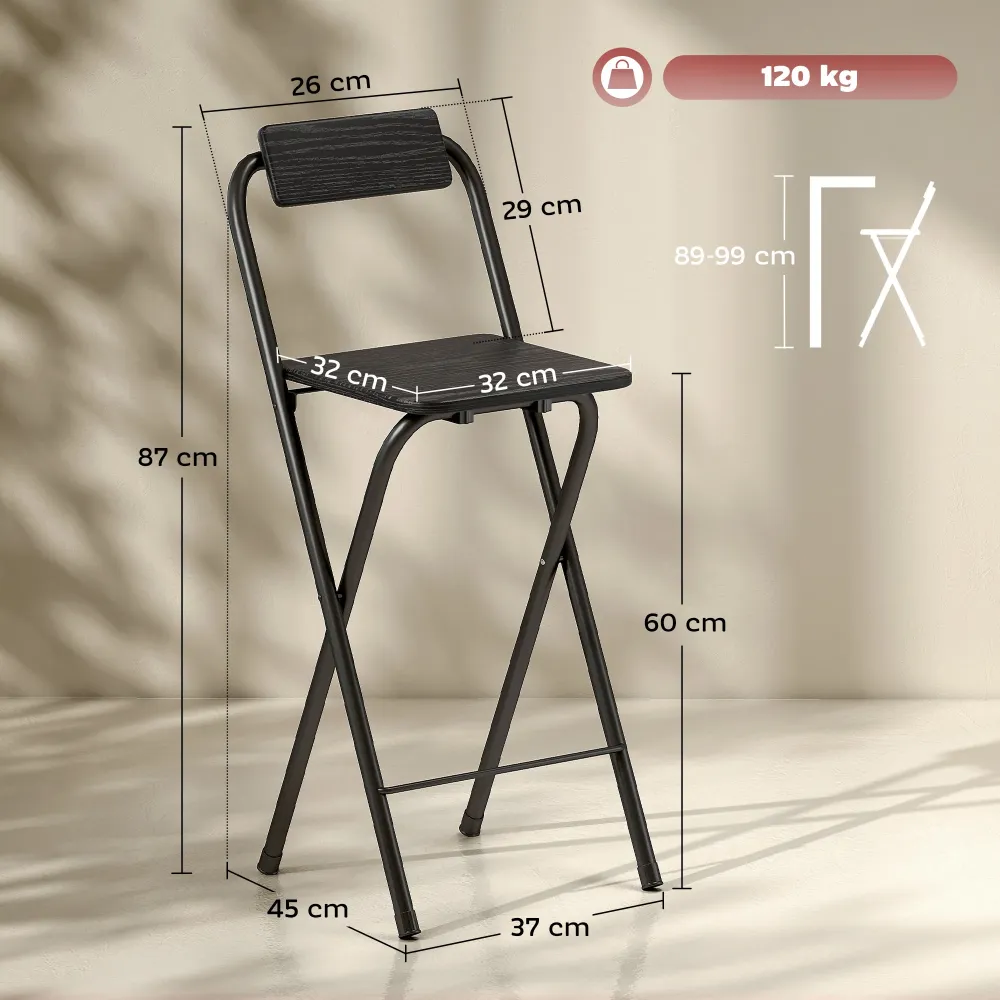 Set 2 Sgabelli da Bar Pieghevoli con Poggiapiedi 37x45x87 cm Legno e Acciaio Nero