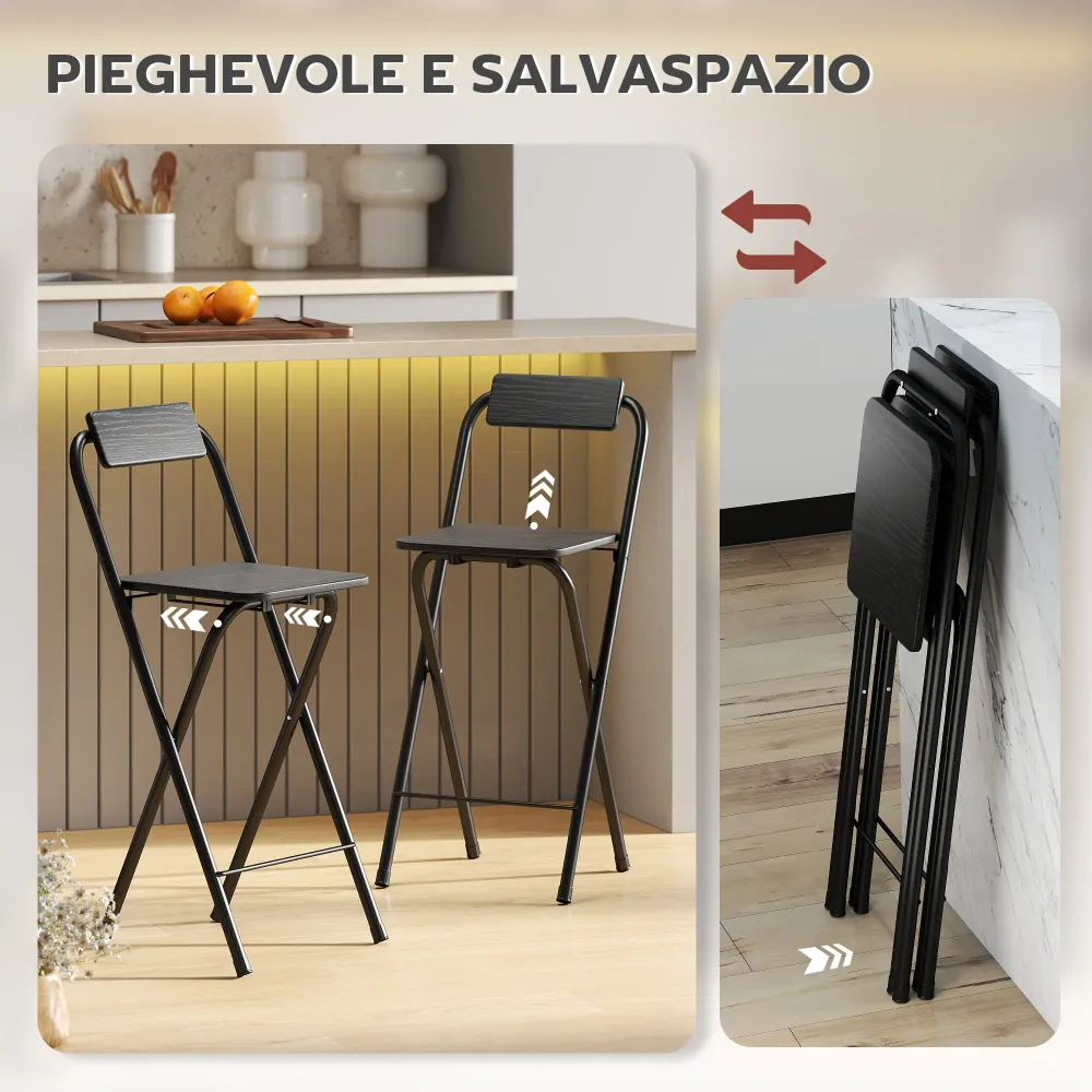 Set 2 Sgabelli da Bar Pieghevoli con Poggiapiedi 37x45x87 cm Legno e Acciaio Nero