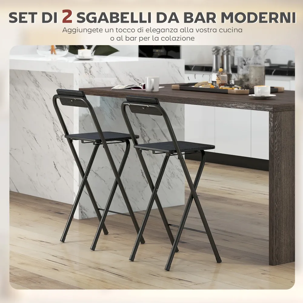 Set 2 Sgabelli da Bar Pieghevoli con Poggiapiedi 37x45x87 cm Legno e Acciaio Nero