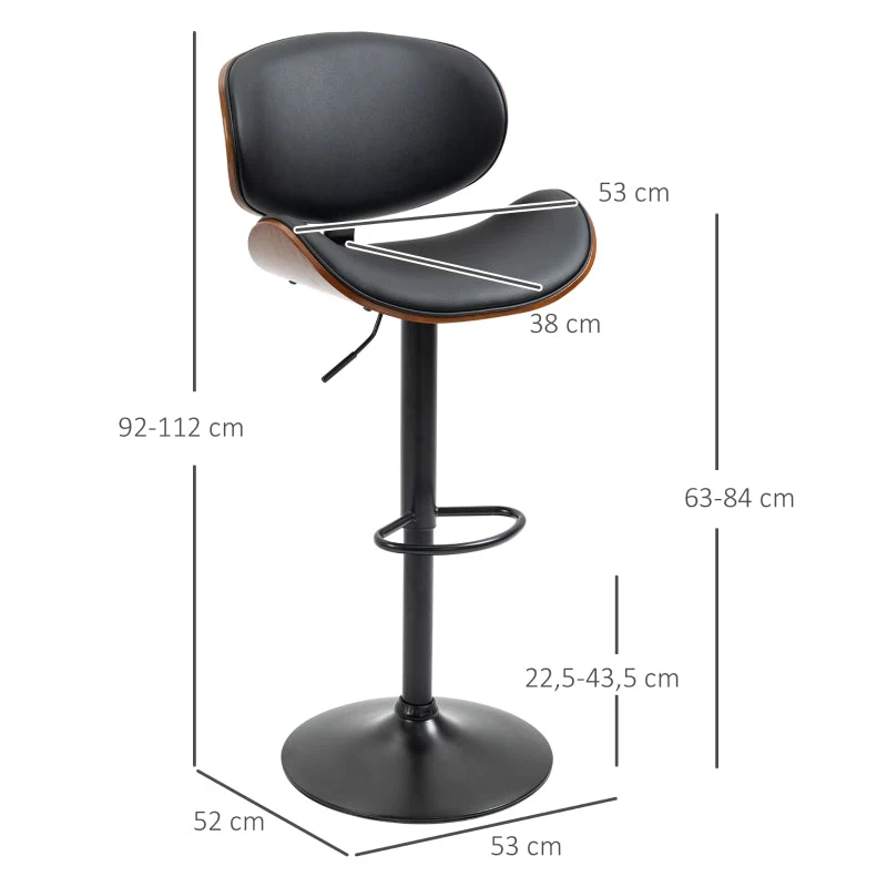 Set sgabelli da bar, regolabile altezza, girevole, ecopelle, struttura acciaio, nero, 53x50,5x112,5 cm