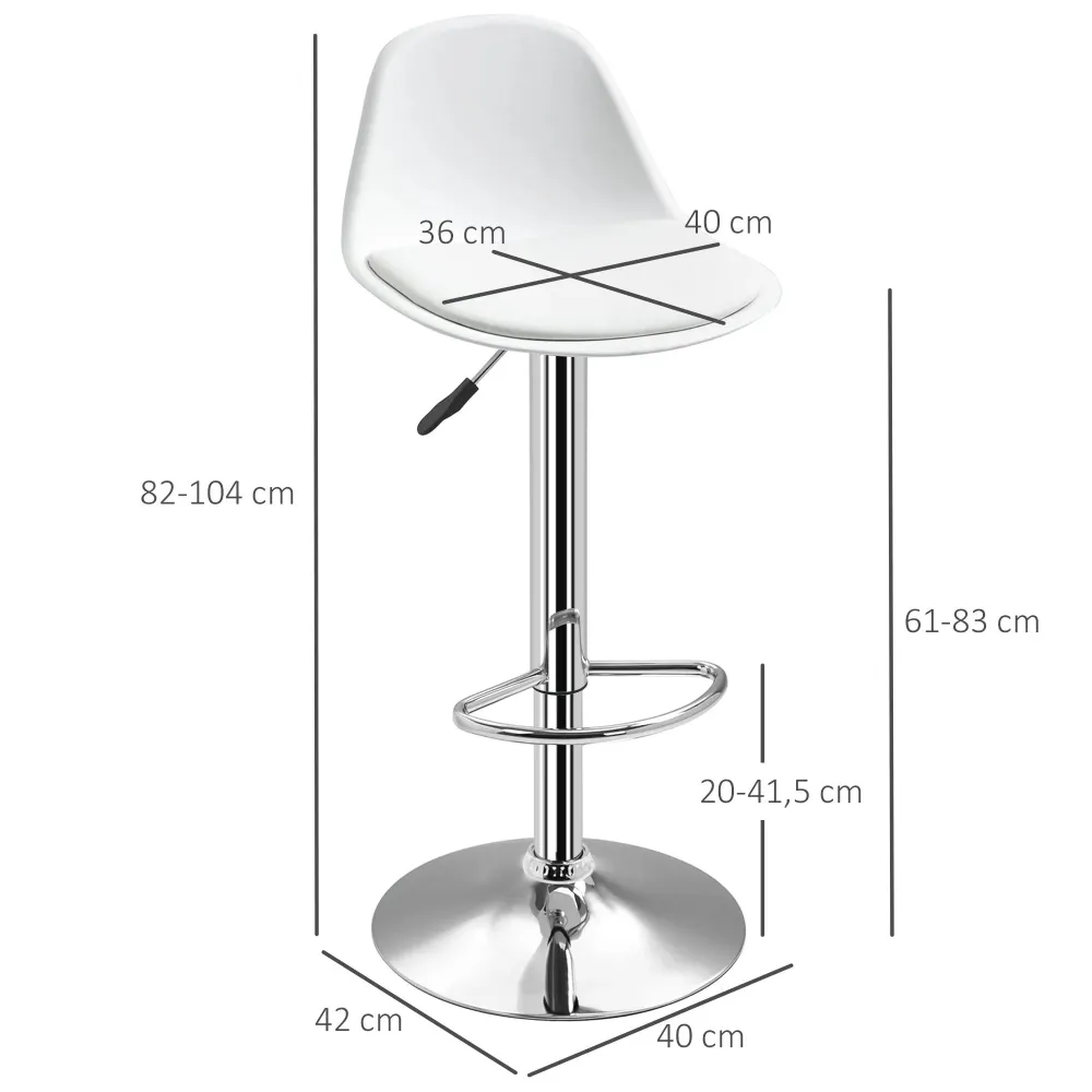 Set di 2 sgabelli da bar, regolabili altezza, girevoli, similpelle, bianco, 40x42x82-104 cm