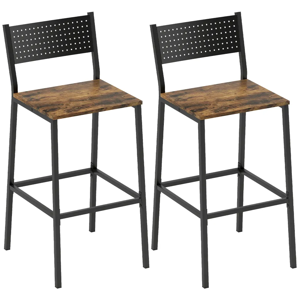 Set 2 Sgabelli da Bar Stile Industriale con Schienale e Poggiapiedi 43,2x50,5x97,8 cm Metallo e MDF Marrone Rustico