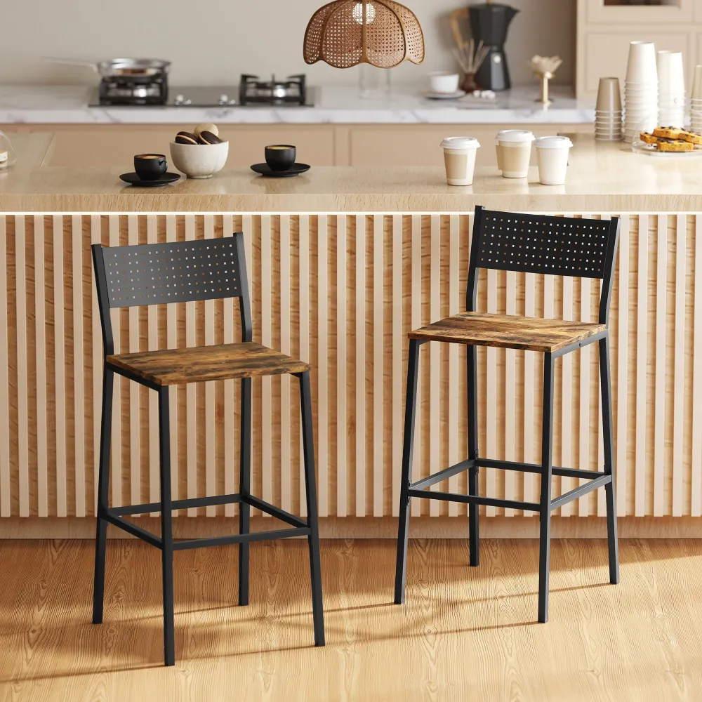Set 2 Sgabelli da Bar Stile Industriale con Schienale e Poggiapiedi 43,2x50,5x97,8 cm Metallo e MDF Marrone Rustico