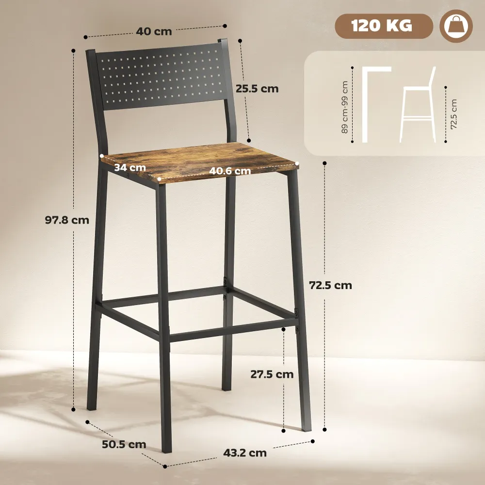 Set 2 Sgabelli da Bar Stile Industriale con Schienale e Poggiapiedi 43,2x50,5x97,8 cm Metallo e MDF Marrone Rustico