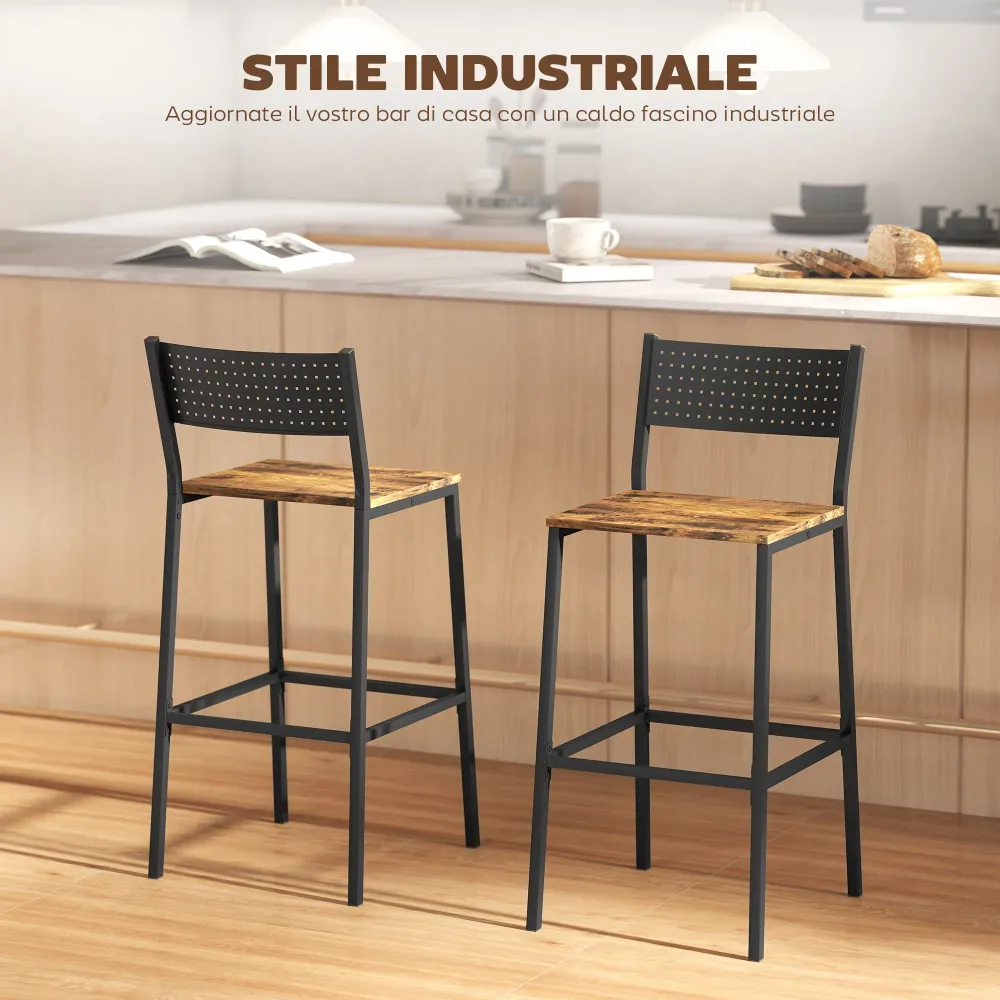 Set 2 Sgabelli da Bar Stile Industriale con Schienale e Poggiapiedi 43,2x50,5x97,8 cm Metallo e MDF Marrone Rustico