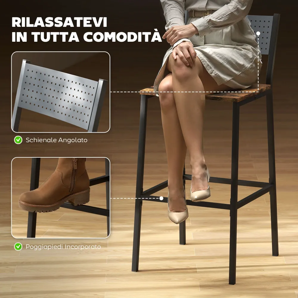 Set 2 Sgabelli da Bar Stile Industriale con Schienale e Poggiapiedi 43,2x50,5x97,8 cm Metallo e MDF Marrone Rustico
