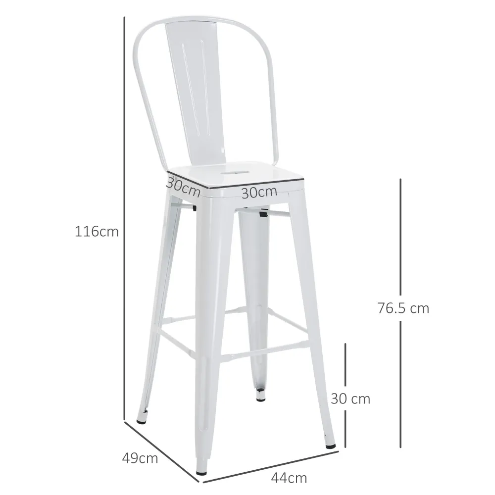 Set 2 Sgabelli da Bar Stile Industriale Schienale Rimovibile 44x49x116 cm Metallo Bianco