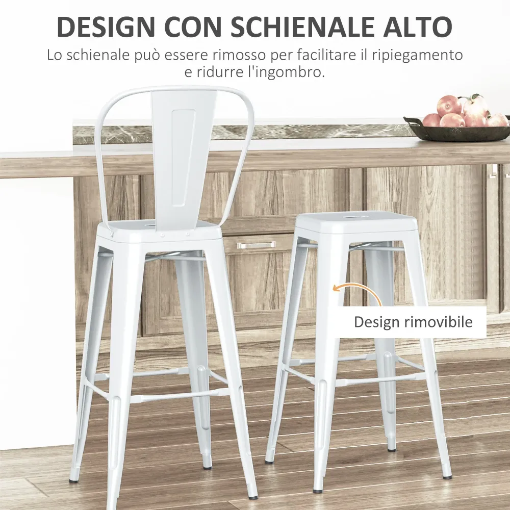 Set 2 Sgabelli da Bar Stile Industriale Schienale Rimovibile 44x49x116 cm Metallo Bianco