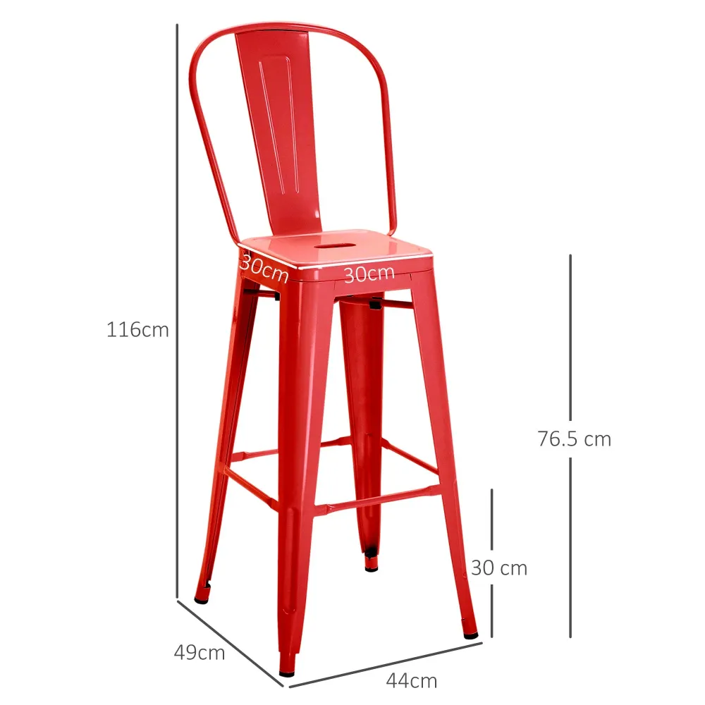 Set 2 Sgabelli da Bar Stile Industriale Schienale Rimovibile 44x49x116 cm Metallo Rosso