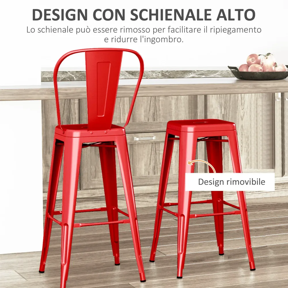 Set 2 Sgabelli da Bar Stile Industriale Schienale Rimovibile 44x49x116 cm Metallo Rosso