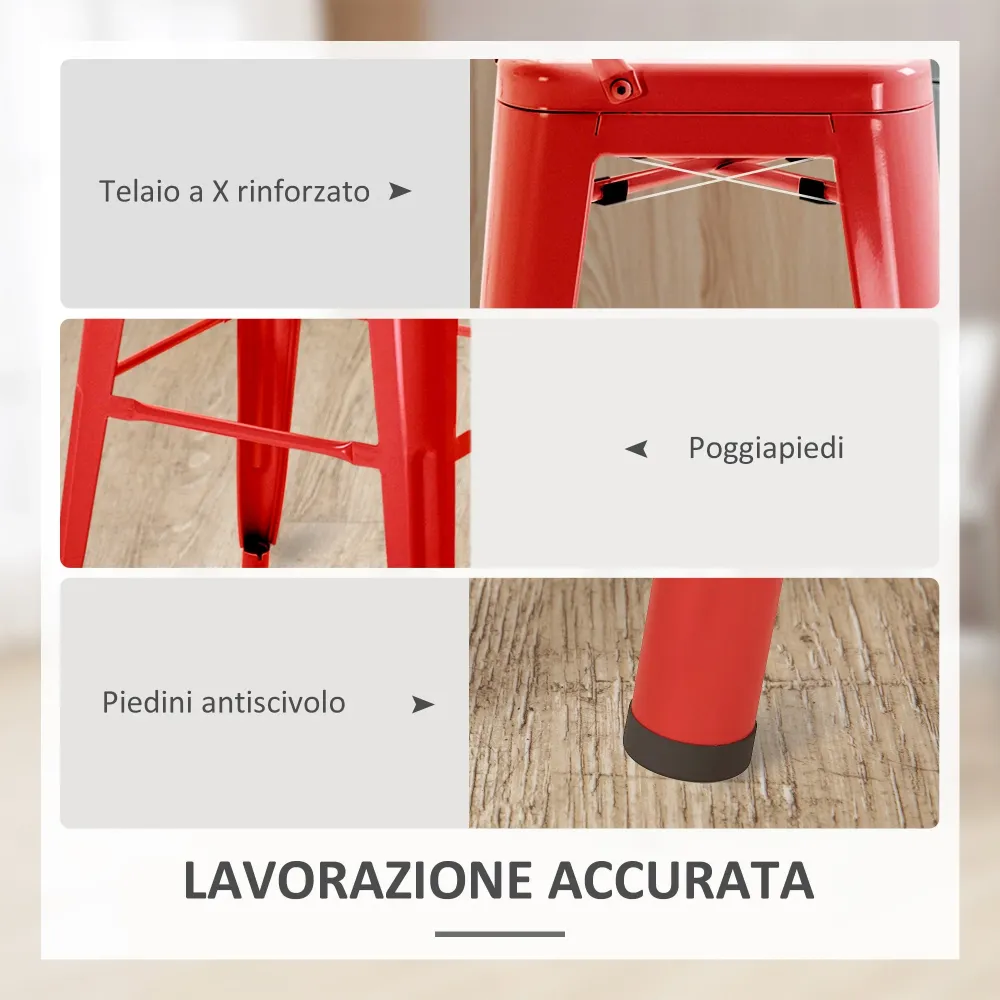 Set 2 Sgabelli da Bar Stile Industriale Schienale Rimovibile 44x49x116 cm Metallo Rosso