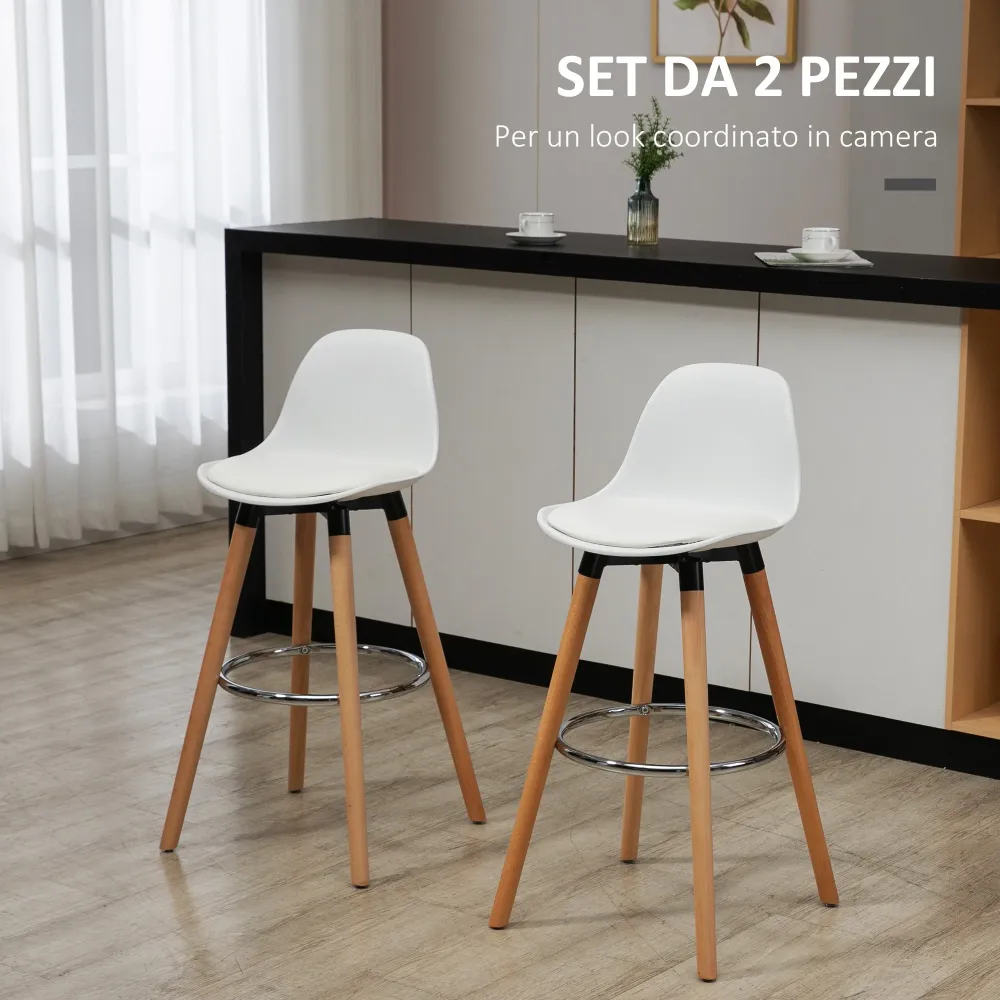 Set 2 Sgabelli da Bar Stile Nordico con Cuscino e Gambe Legno Bianco