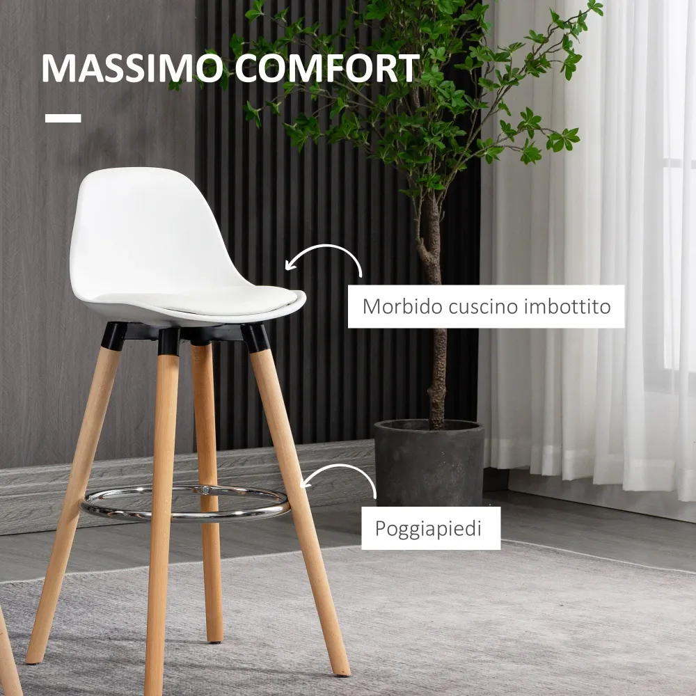 Set 2 Sgabelli da Bar Stile Nordico con Cuscino e Gambe Legno Bianco