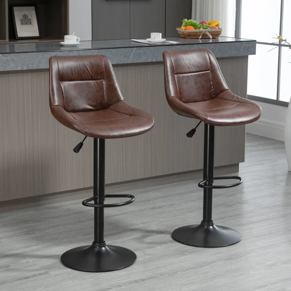 Set 2 Sgabelli da Bar Vintage 46,5x50x88-108 cm Seduta Finta Pelle Marrone