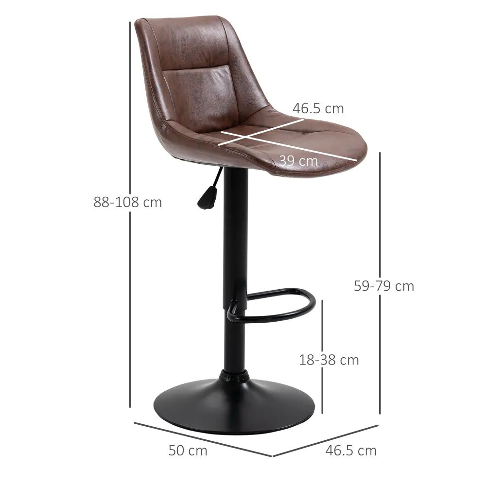 Set 2 Sgabelli da Bar Vintage 46,5x50x88-108 cm Seduta Finta Pelle Marrone