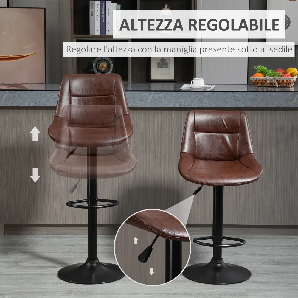 Set 2 Sgabelli da Bar Vintage 46,5x50x88-108 cm Seduta Finta Pelle Marrone