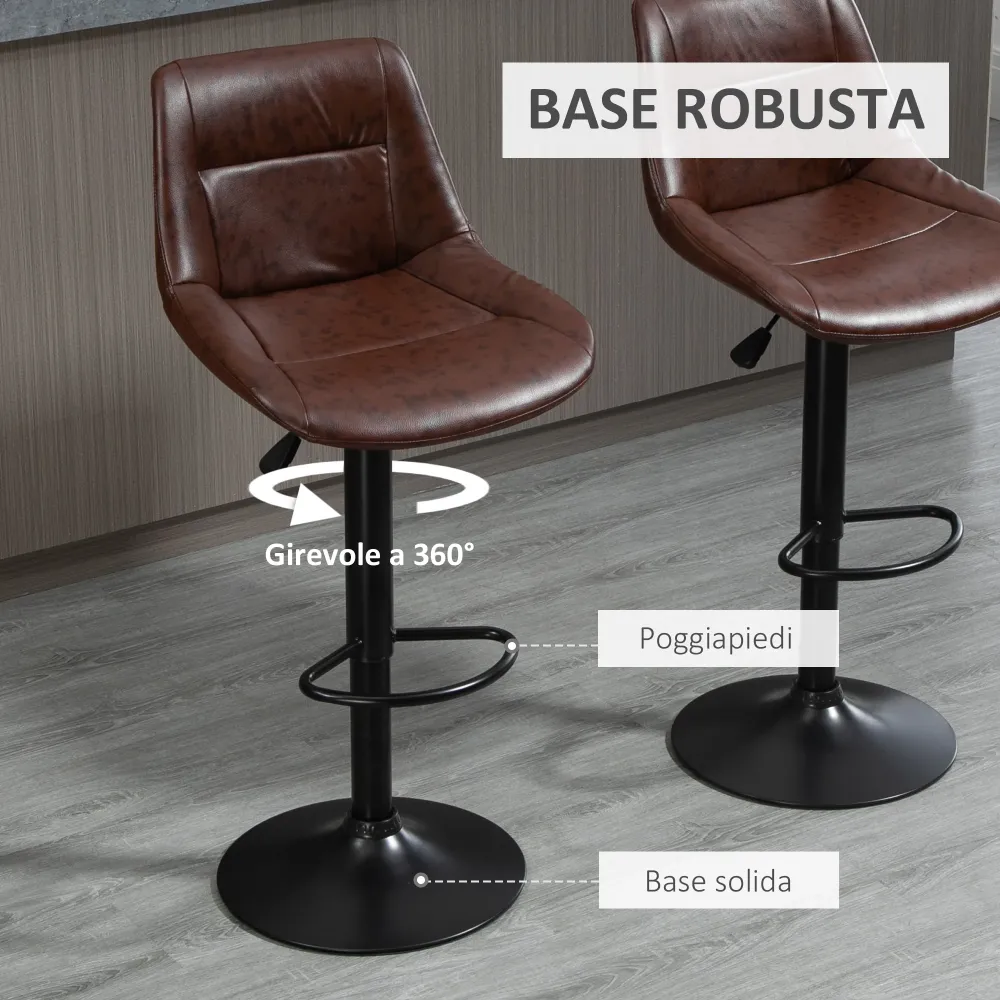 Set 2 Sgabelli da Bar Vintage 46,5x50x88-108 cm Seduta Finta Pelle Marrone