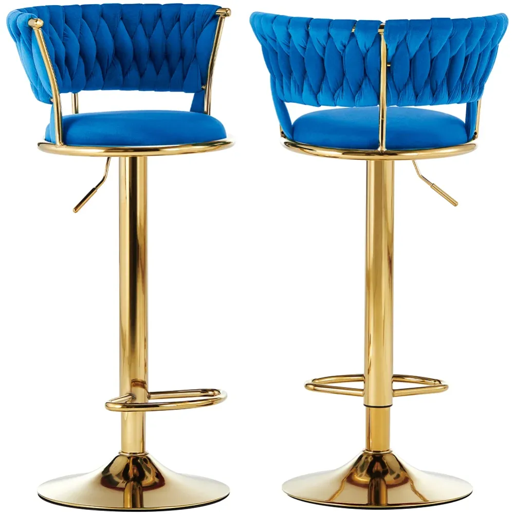 Set 2 Sgabelli Cucina Bar Schienale Intrecciato Velluto Blu e Struttura Oro