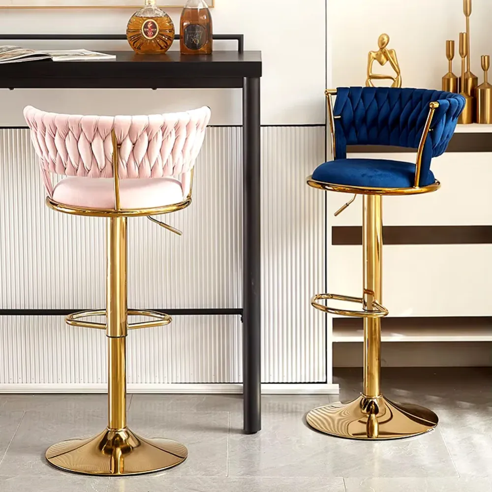 Set 2 Sgabelli Cucina Bar Schienale Intrecciato Velluto Blu e Struttura Oro