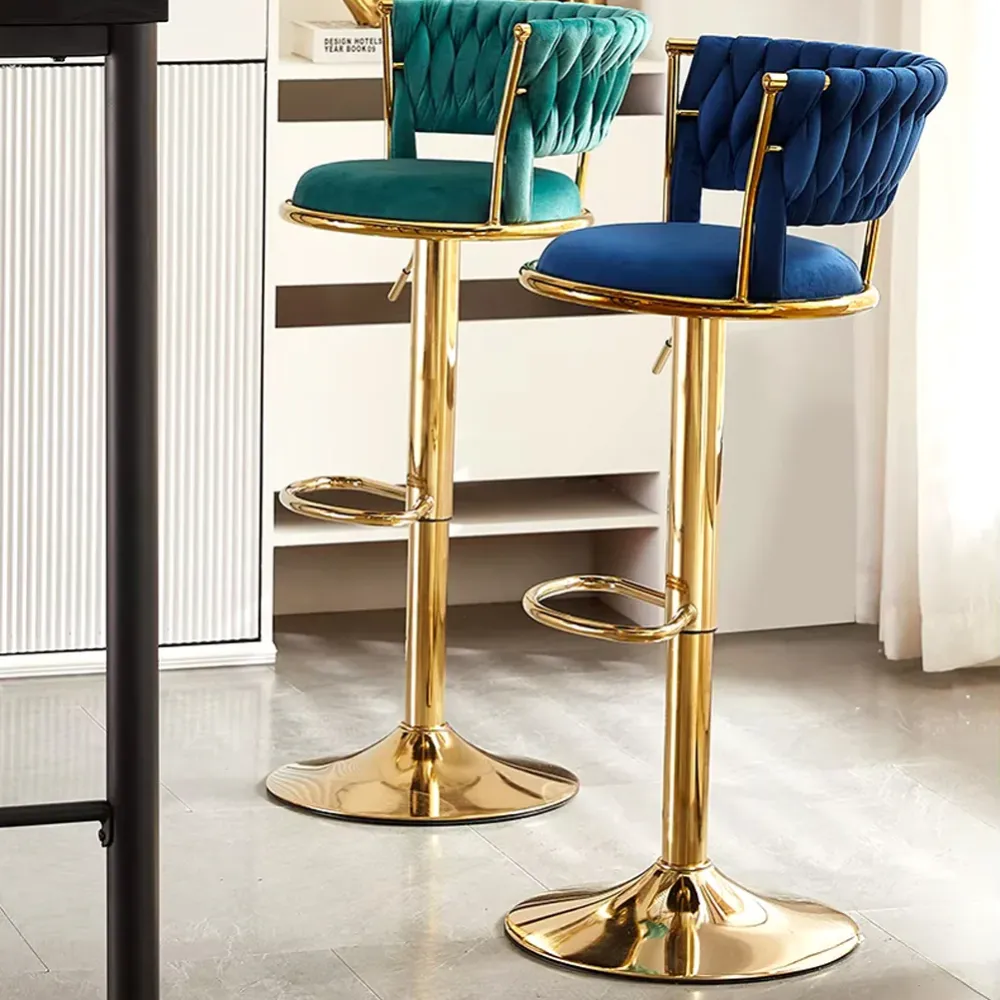 Set 2 Sgabelli Cucina Bar Schienale Intrecciato Velluto Blu e Struttura Oro