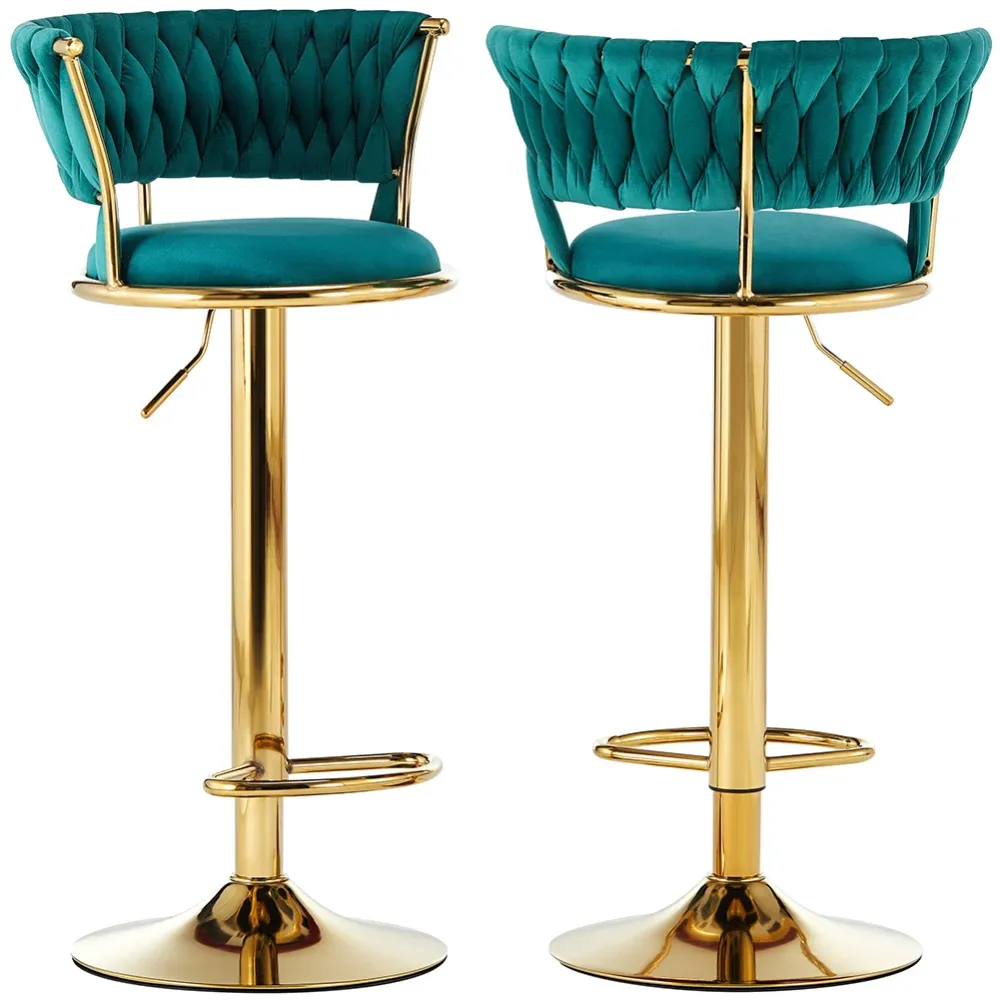 Set 2 Sgabelli Cucina Bar Schienale Intrecciato Velluto Verde Struttura Oro