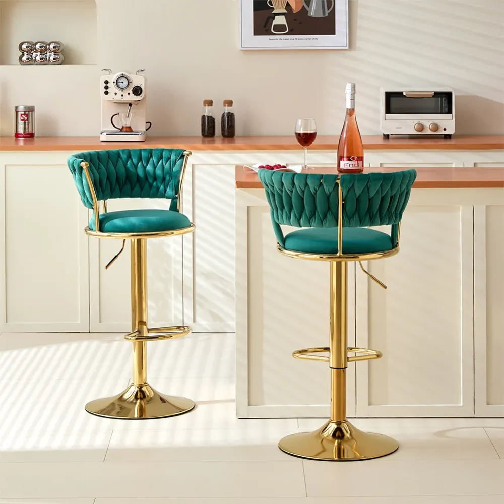 Set 2 Sgabelli Cucina Bar Schienale Intrecciato Velluto Verde Struttura Oro