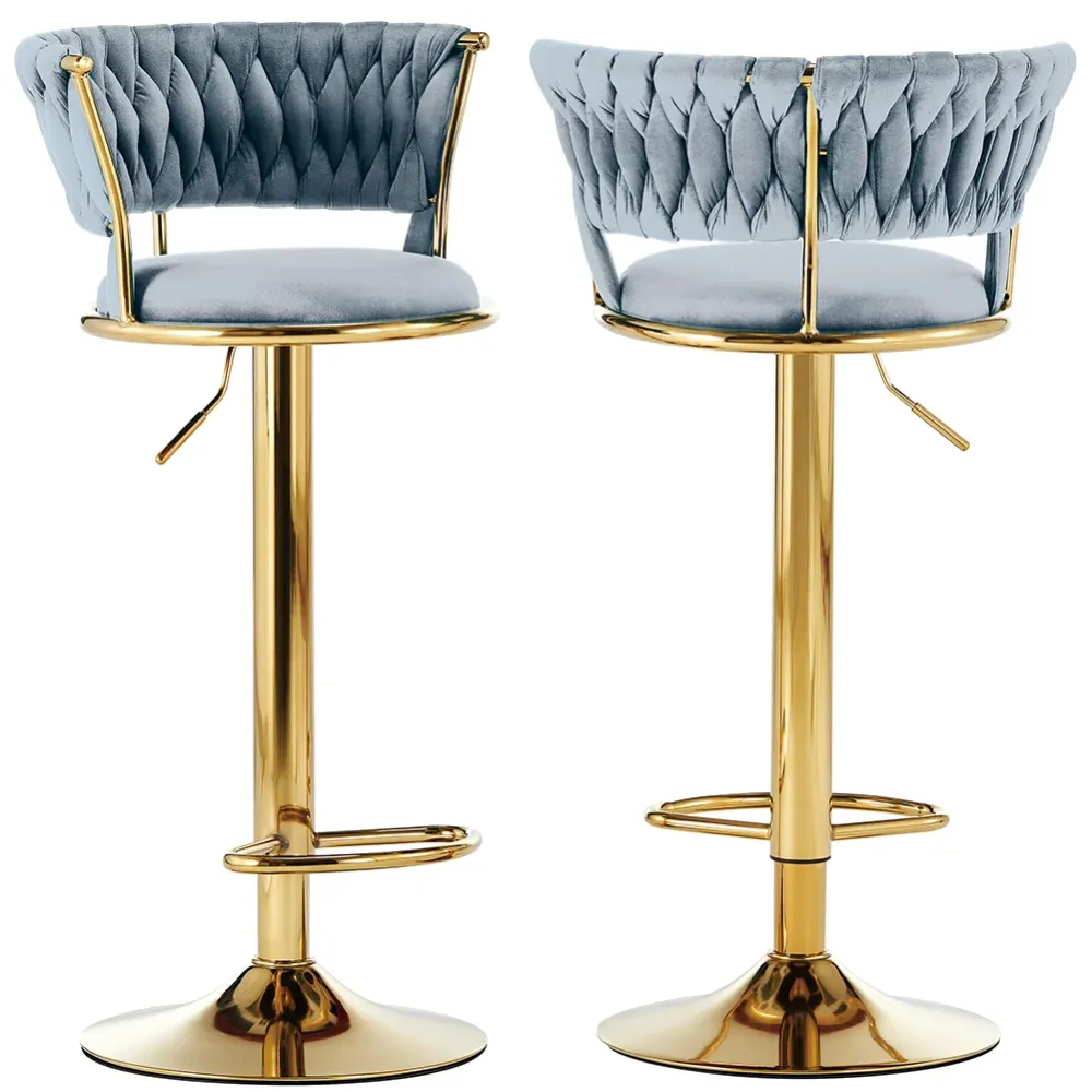 Set 2 Sgabelli Cucina Bar Schienale Intrecciato Velluto Grigio Struttura Oro