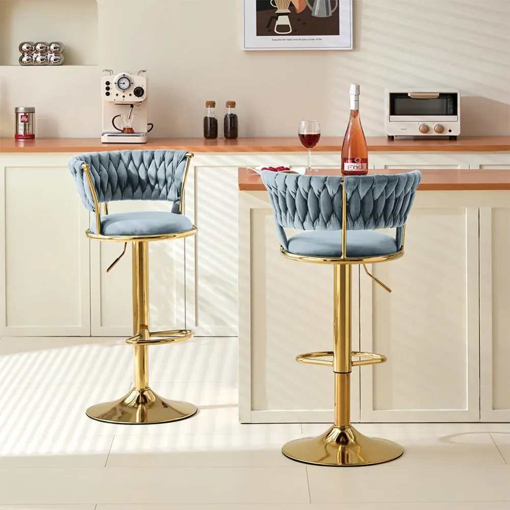 Set 2 Sgabelli Cucina Bar Schienale Intrecciato Velluto Grigio Struttura Oro