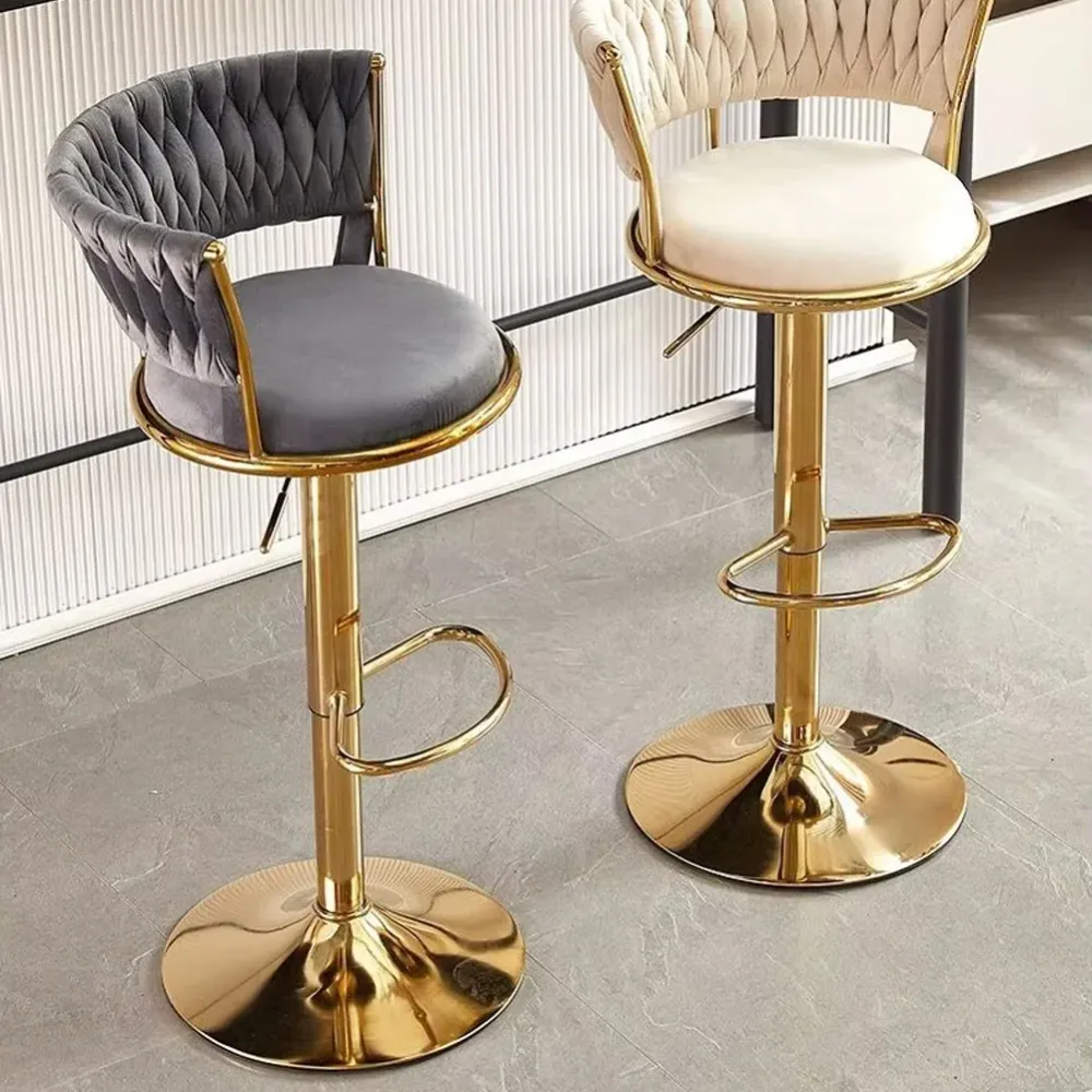 Set 2 Sgabelli Cucina Bar Schienale Intrecciato Velluto Grigio Struttura Oro