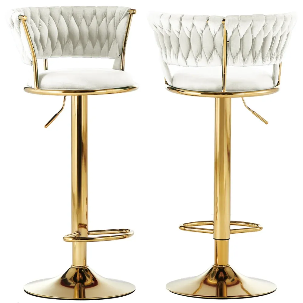 Set 2 Sgabelli Cucina Bar Schienale Intrecciato Velluto Beige Struttura Oro