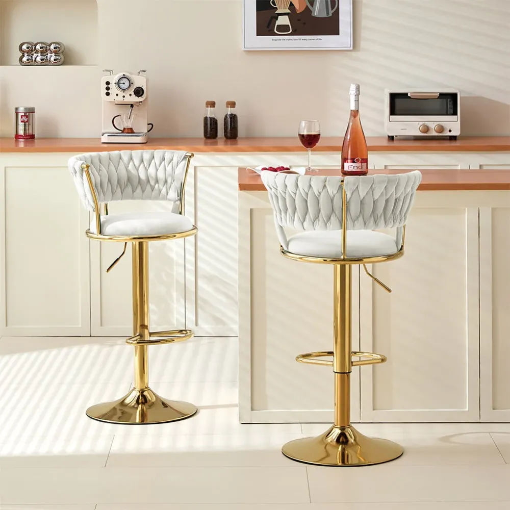 Set 2 Sgabelli Cucina Bar Schienale Intrecciato Velluto Beige Struttura Oro
