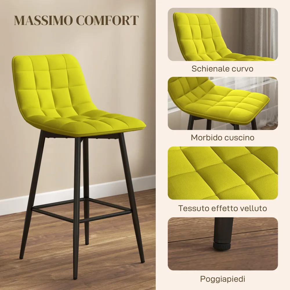 Set 2 Sgabelli da Cucina Stile Nordico 45x47x84 cm Tessuto Effetto Velluto Giallo