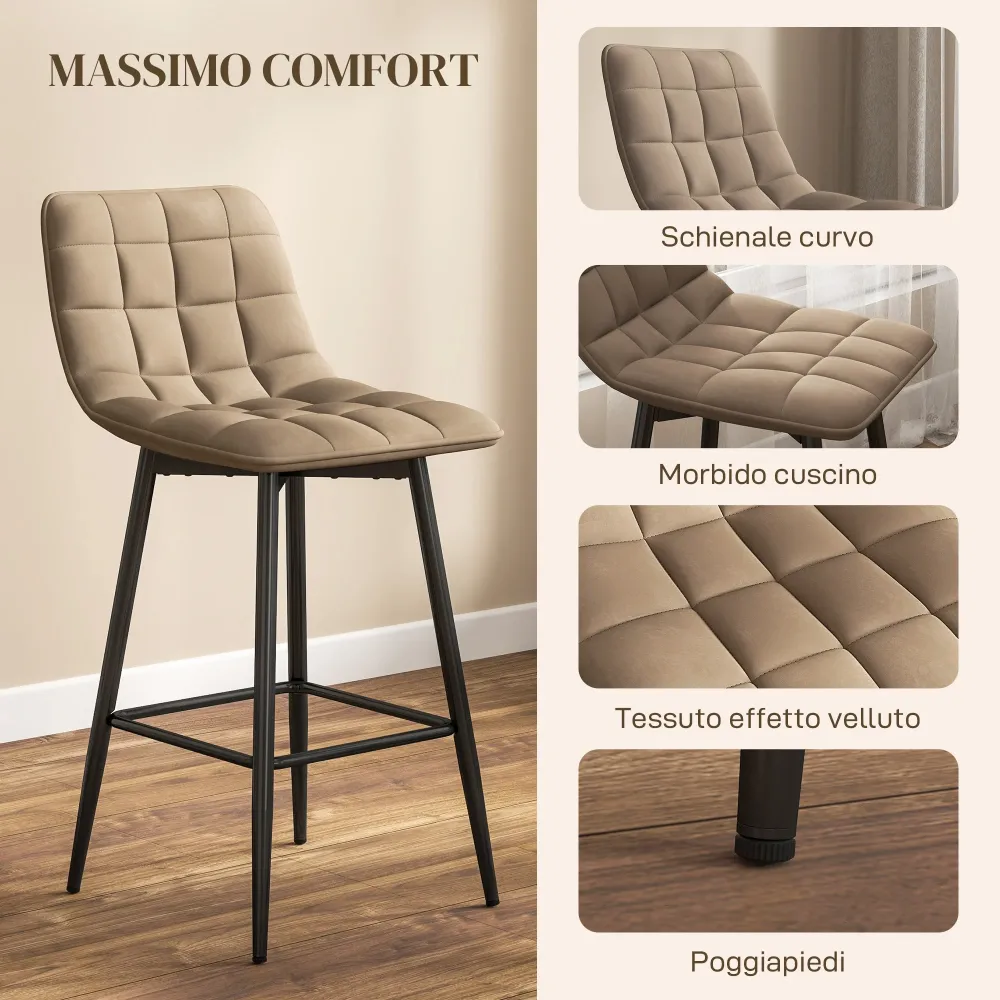 Set 2 Sgabelli da Cucina Stile Nordico 45x47x84 cm Tessuto Effetto Velluto e Metallo Marrone