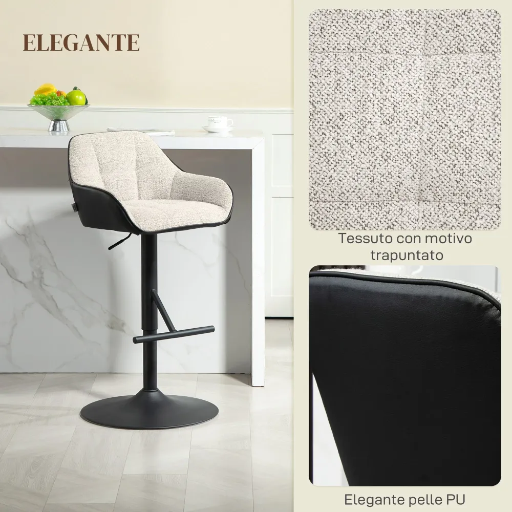 Set 2 Sgabelli Girevoli Imbottiti ad Altezza Regolabile con Schienale 52,5x53x86,5-108 cm Nero e Grigio Chiaro