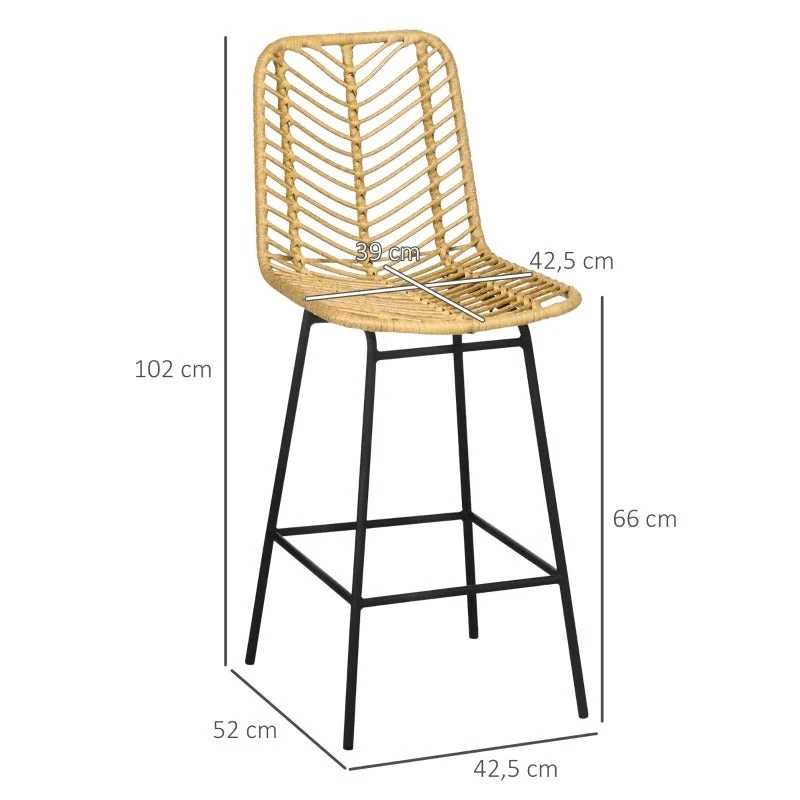 Set sgabello da bar rattan PE dal design boho con poggiapiedi beige e nero, 42,5x52x102 cm