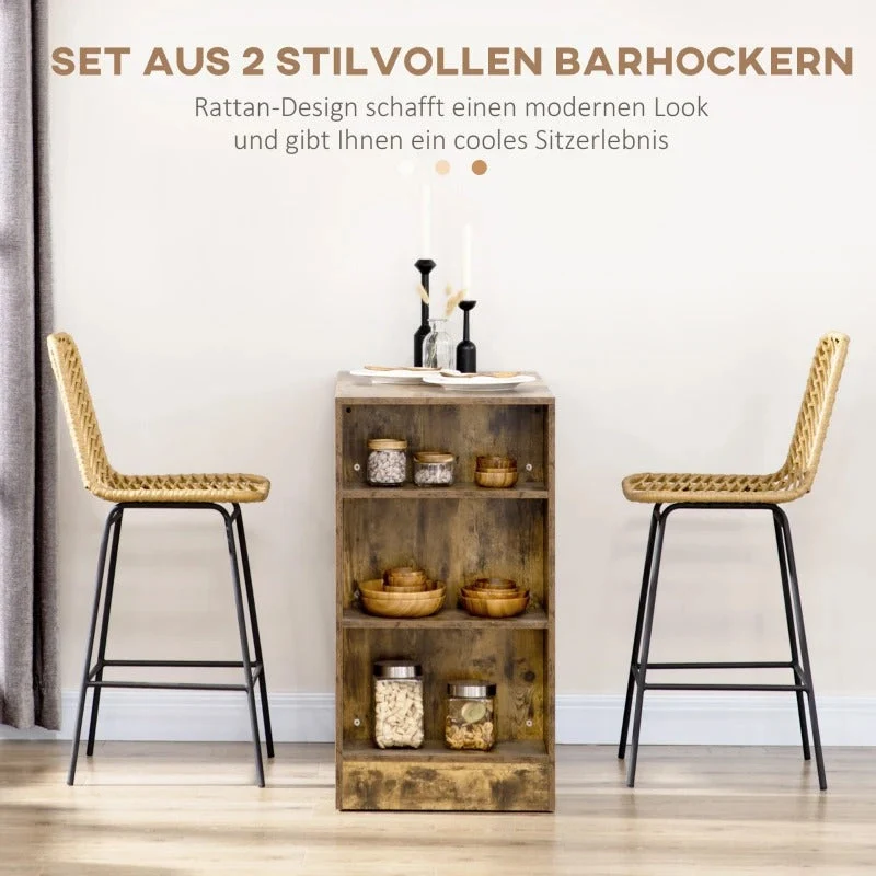 Set sgabello da bar rattan PE dal design boho con poggiapiedi beige e nero, 42,5x52x102 cm