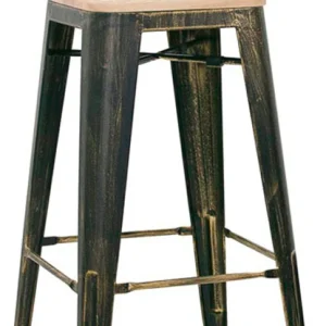 Set da 2 Sgabello industrial da bar metallo anticato con seduta legno cm 30x30x76h