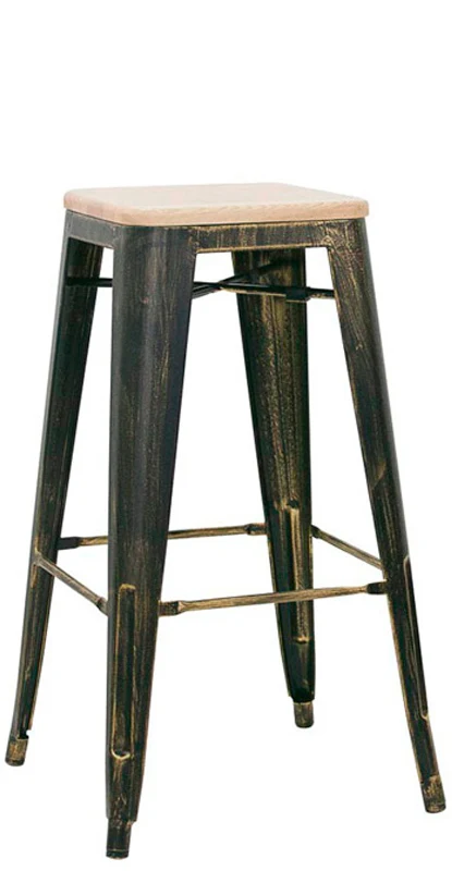 Set da 2 Sgabello industrial da bar metallo anticato con seduta legno cm 30x30x76h