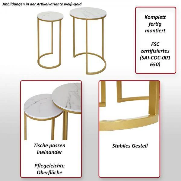 Set di 2 tavolini laterali, tavolino da caffè, tavolo da salotto, effetto marmo, MDF certificato FSC, nero