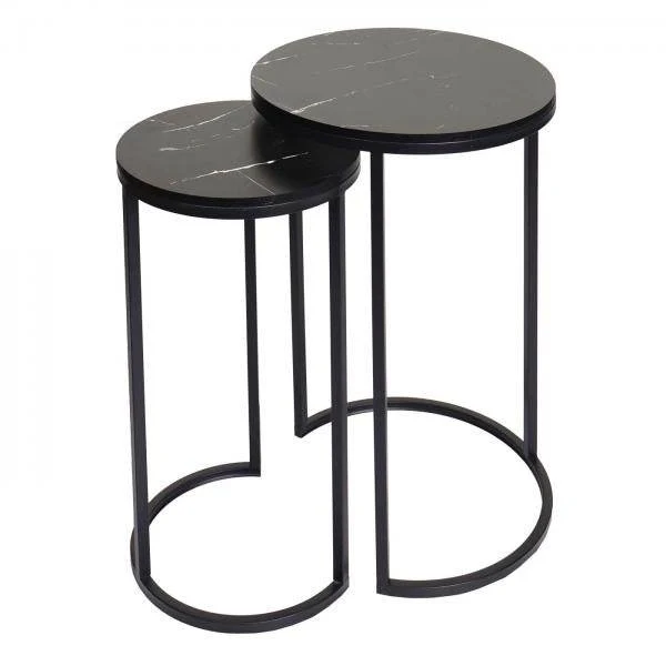 Set di 2 tavolini laterali, tavolino da caffè, tavolo da salotto, effetto marmo, MDF certificato FSC, nero