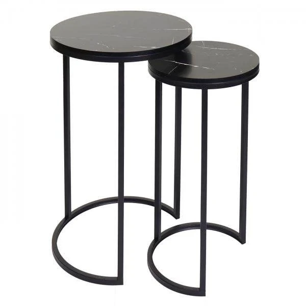 Set di 2 tavolini laterali, tavolino da caffè, tavolo da salotto, effetto marmo, MDF certificato FSC, nero