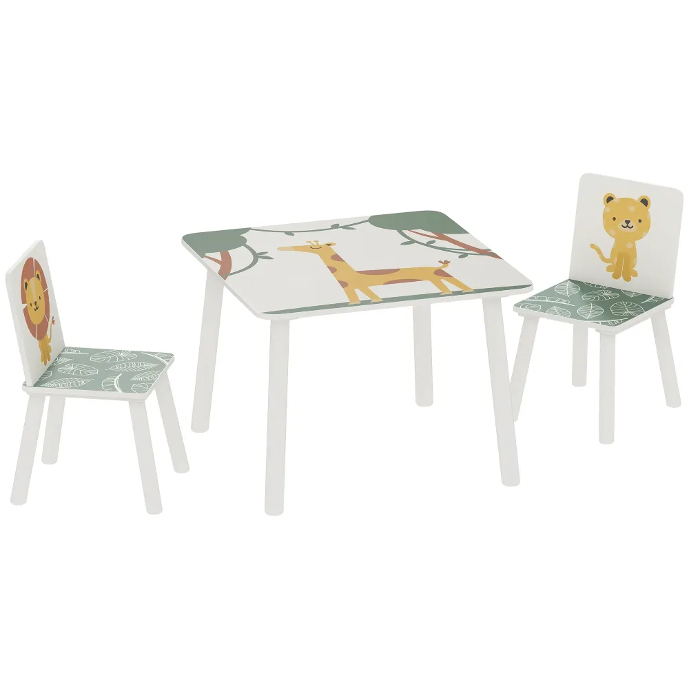 Set Tavolino e 2 Sedie per Bambini 3-8 Anni MDF Fantasia con Animali Verde