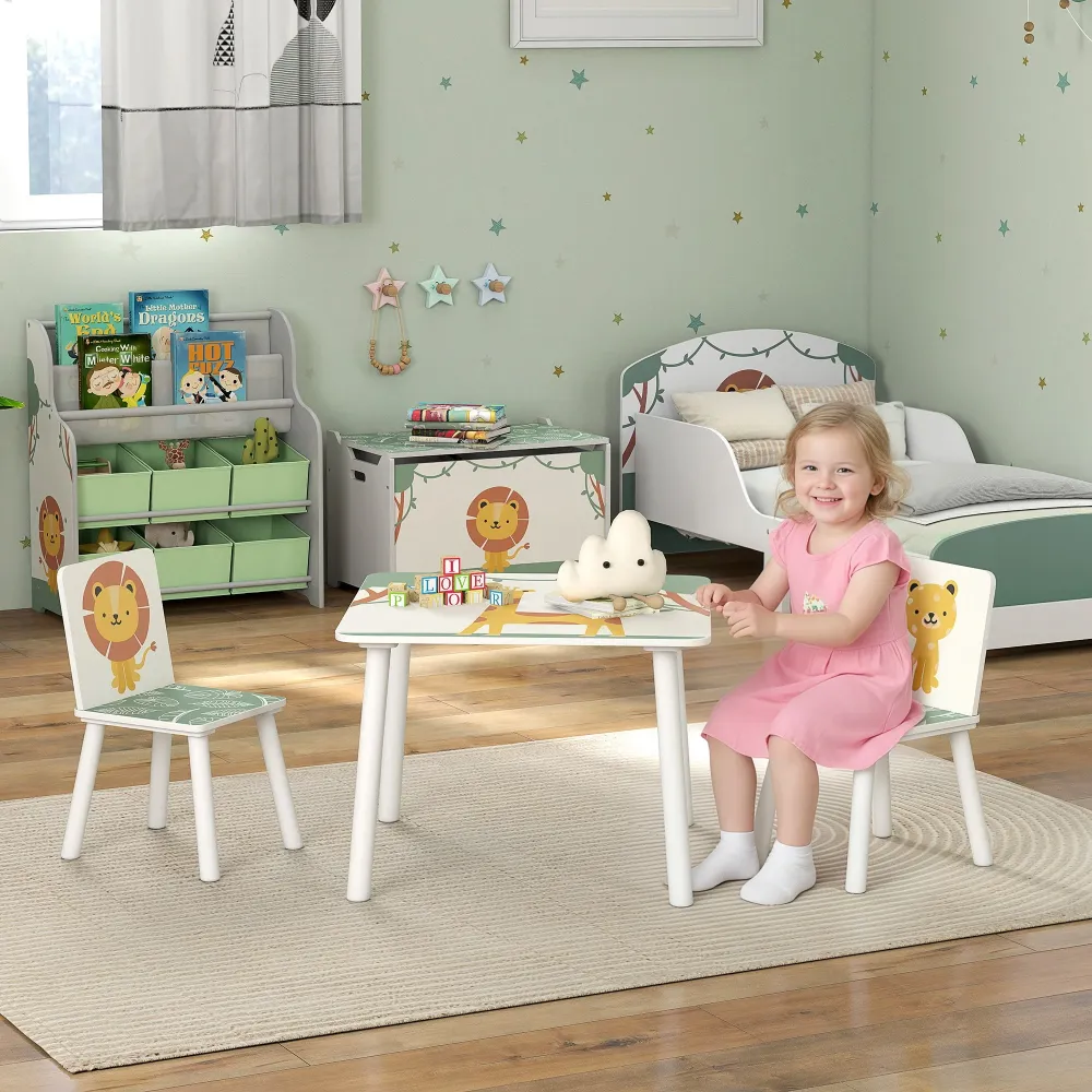 Set Tavolino e 2 Sedie per Bambini 3-8 Anni MDF Fantasia con Animali Verde