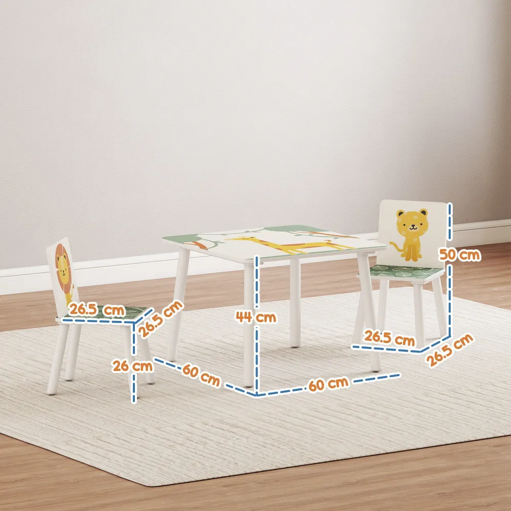 Set Tavolino e 2 Sedie per Bambini 3-8 Anni MDF Fantasia con Animali Verde