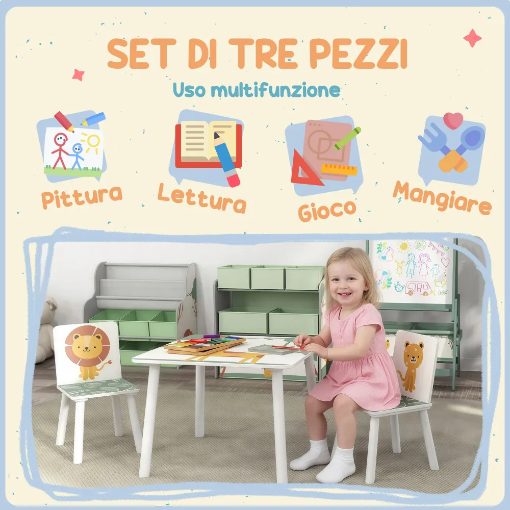 Set Tavolino e 2 Sedie per Bambini 3-8 Anni MDF Fantasia con Animali Verde