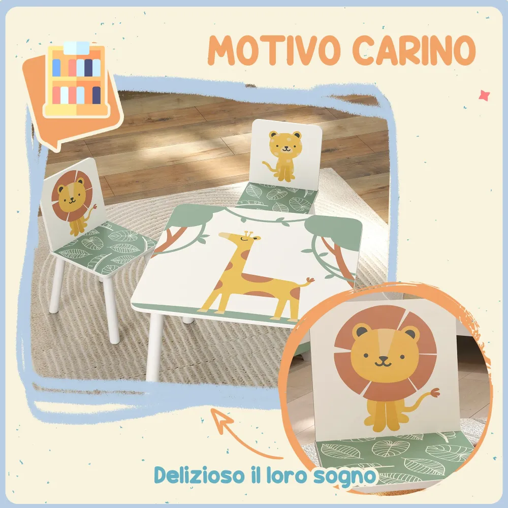 Set Tavolino e 2 Sedie per Bambini 3-8 Anni MDF Fantasia con Animali Verde