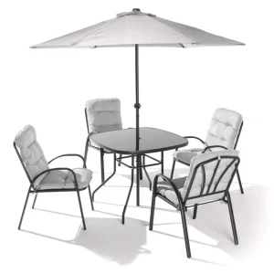 Set Tavolo 4 Sedie e Ombrellone da Giardino Acciaio con Cuscini Grigio Chiaro