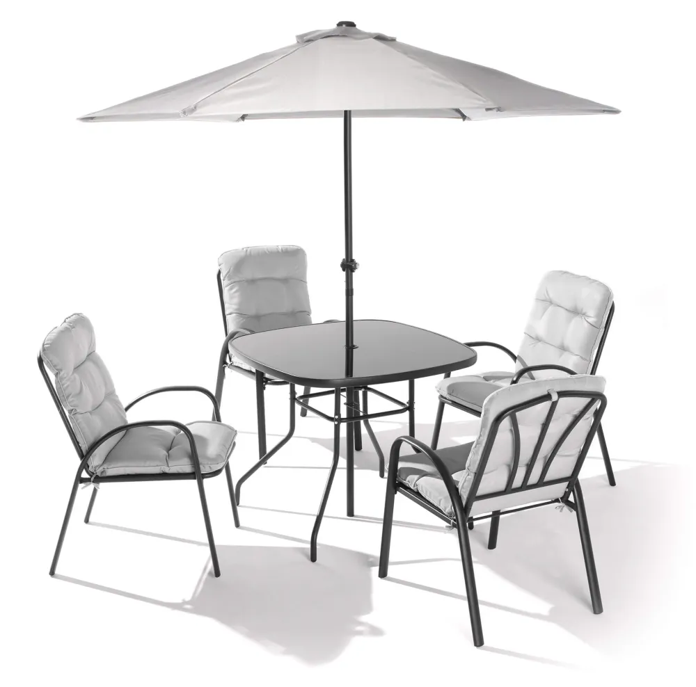 Set Tavolo 4 Sedie e Ombrellone da Giardino Acciaio con Cuscini Grigio Chiaro