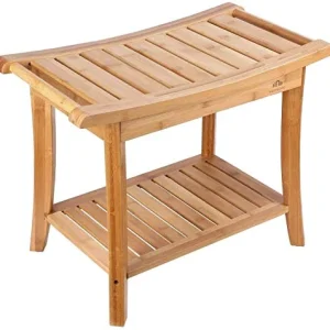 LINGZHIGAN Legno Doccia Sgabello di bambù Bagno Doccia Sede di banco feci con 2-Tier Bagagli Scaffale con 2 Maniglie Inter...
